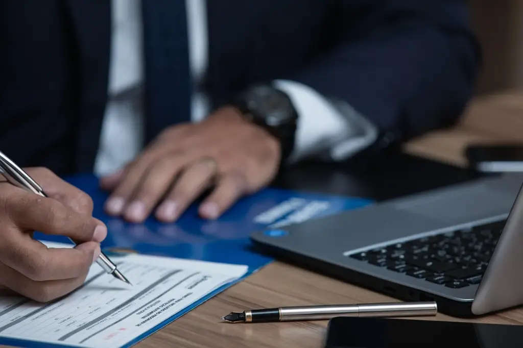 Client meeting with a lawyer at a desk in an office