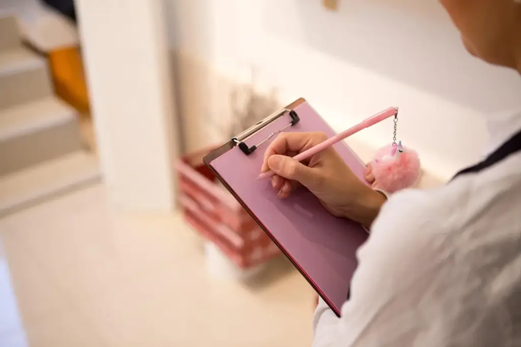 Therapist writing notes on a clipboard during a session